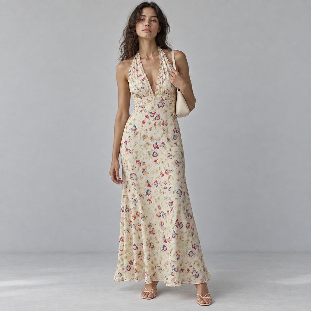 Doen Mazarin Windswept Blooms Silk Viscose Halter Midi Dress S Sleeveless Maxi